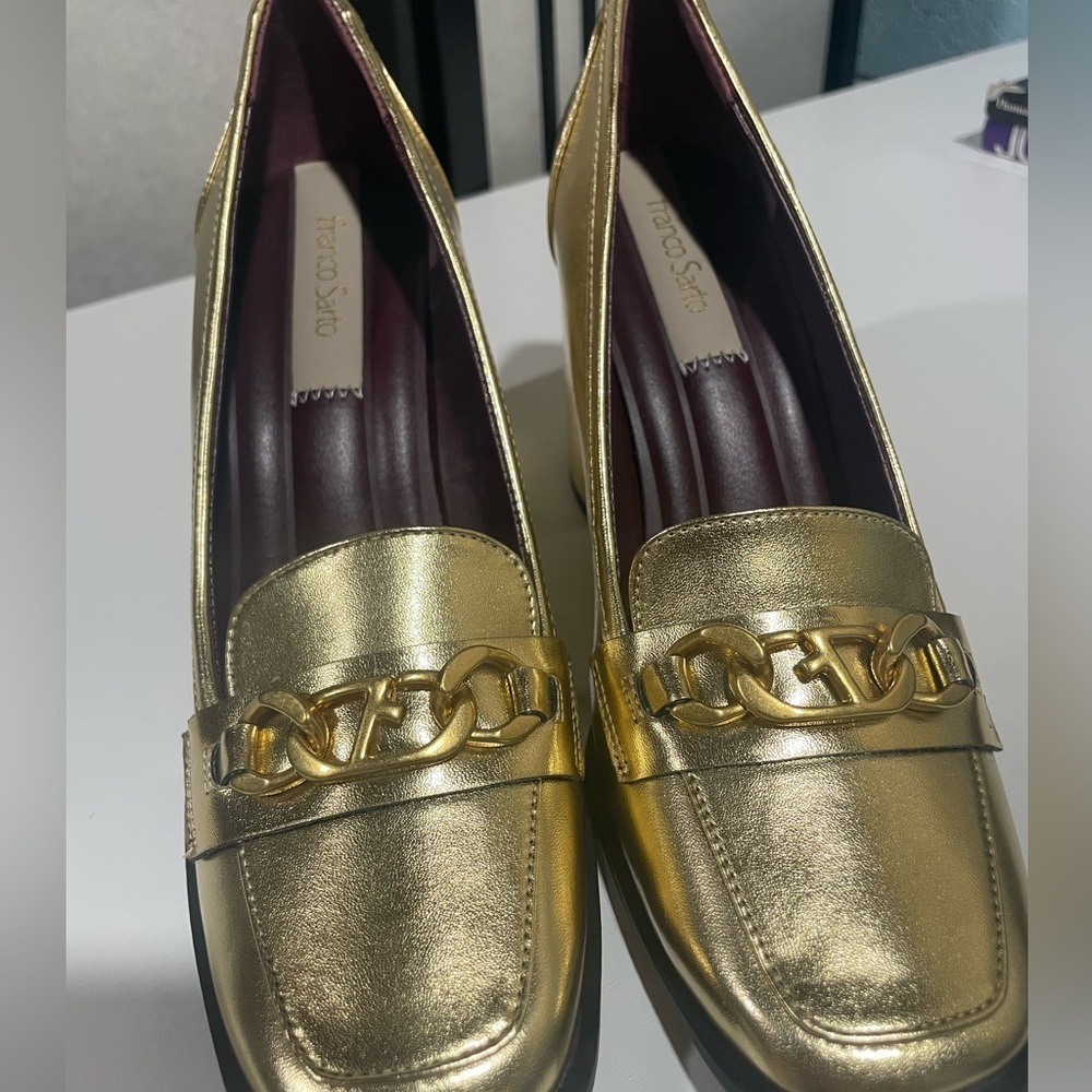 Women's Size 8 Franco Sarto Miri Loafer Gold Block High Heel Pump Shoes - Picture 2 of 12